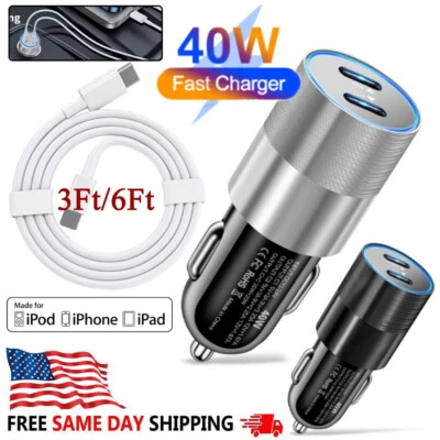 Dual Type C PD Fast 40W Car Charger Adapter Cable For iPhone 11 12 13 14 Pro Max - Image 1 of 4