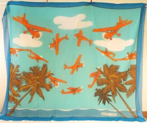 Hermès Paris Cotton Pareo Beach Wrap Scarf Shawl Blue Orange Airplanes Hermes - Picture 1 of 21