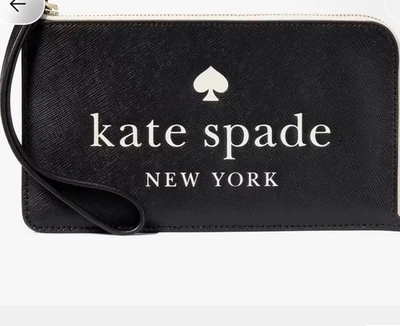 NEW Kate Spade Lucy Medium L-Zip Leather Wristlet in Black/ White Logo - Image 1 of 4