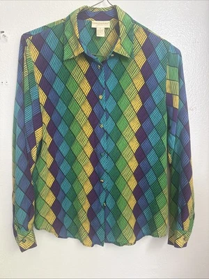 Blusa de seda colorida vintage Christie And Jill | Blusa de seda geométrica talla 10 (M) Foto 1 de 4