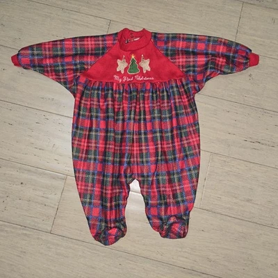 Vintage Christmas One Piece Sleeper Romper Red Plaid  0-3 Months Bright Future  — 第 1/4 张图片