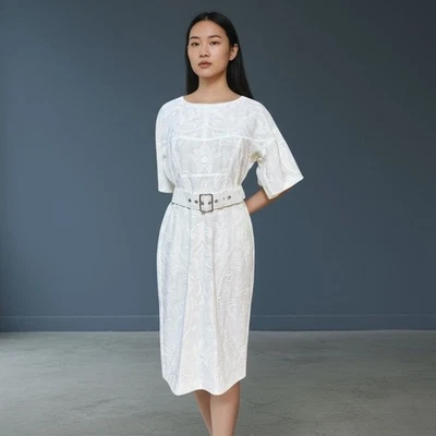 Vestido midi Jil Sander floral jacquard 38 6 blanco roto clásico vintage años 60 boda Foto 1 de 4