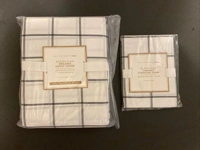 Pottery Barn Teen BOXTER PLAID Org Cotton Twin Duvet Cover + Sham, White/Onyx - Image 1 of 4
