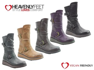 Ladies Boots Heavenly Feet Casual Mid Calf Wedge Memory Foam Buckle Zip Hannah4 - Picture 1 of 26
