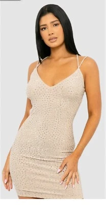 Mini Vestido Symphony Desnudo Champagne Estrás Doble Correas Cruzadas Tirantes Talla L Foto 1 de 4