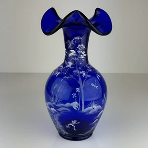 Fenton Glass Cobalt Blue Vase Painted Frog DRAGONFLY POND 100th Anniversary 2005 - Picture 1 of 11