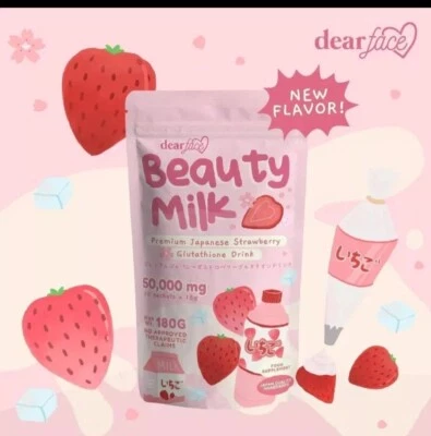 Dear Face Beauty Milk Japanese Collagen STRAWBERRY Drink, 10 Sachets X 18g - Image 1 of 4