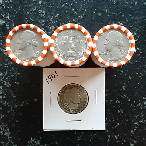 Bank Sealed Quarter Coin Rolls (lot of 3) Plus One 90% Silver 25c Barber 1901 Cover