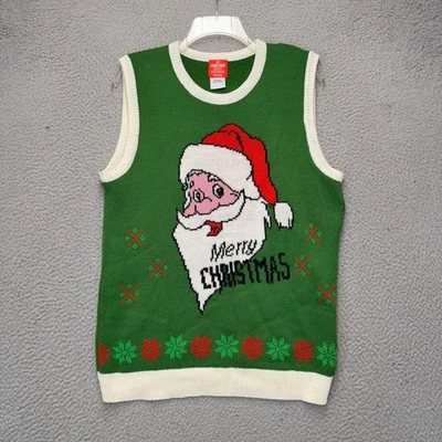 My Christmas Party Sweater Vest Mens Medium Green Santa Claus Sleeveless Holiday - Image 1 of 4
