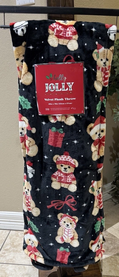 Holly Jolly Christmas Teddy Bear Velvet Plush Throw Blanket Holiday Decor - Image 1 of 1