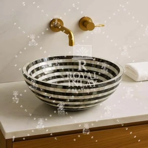 15" Striped Mother of Pearl Sink – Round Mosaic Vessel Basin for Modern Vanity D - Picture 1 of 7