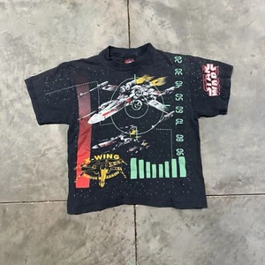Vintage Star Wars X Wing Fighter Black Kids Large Shirt AOP 90s Boxy Graphic - Picture 1 of 8