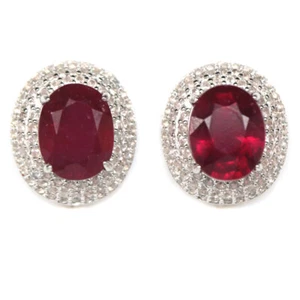925 Sterling Silver 8 x 10 mm. Red Ruby & White Zircon Earrings - Picture 1 of 4