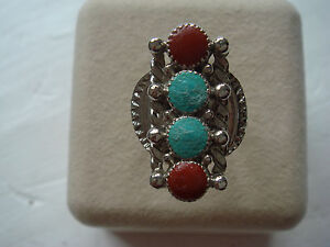 Southwest Design Turquoise color & Red Stones in Silvertone Ring Size Adjustable