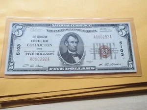 1929 $5 THE COSHOCTON NATIONAL BANK COSHOCTON, OHIO NICE HARD TO FIND. - Picture 1 of 4