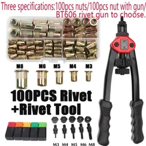 100pcs Rivet Nut +Hand Threaded Rivet Nuts Gun Double Insert Manual Rivet Tool - Picture 1 of 18