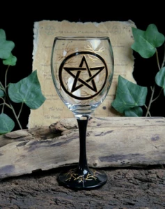 Hand Painted Pentacle Witches Wine Glass Chalice Wicca Pagan Altar Yule Gift - Picture 1 of 8
