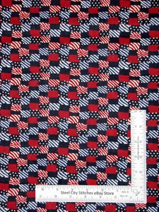 Patriotic Fabric Stars Wavy Stripes Patch Red Cream Blue Cotton Santee By Yard - Picture 1 of 1