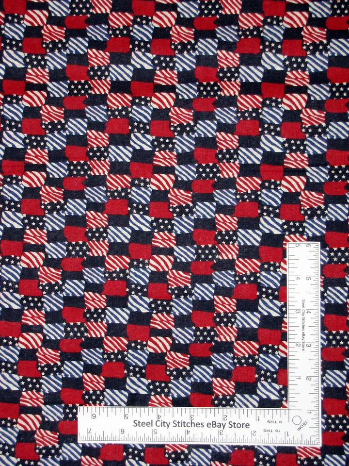 Parche de tela patriótica estrellas rayas onduladas rojo crema azul algodón Santee por yarda Foto 1 de 1