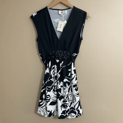 ECI Empire Waist tank Shirt Top Women’s M Beaded White/Black Floral Sleeveless - Image 1 of 4