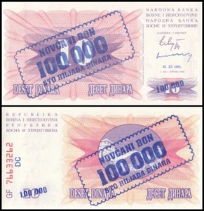 Bosnia & Herzegovina 100000 Dinara on 10 Dinara, 1993, P-34b, UNC - Picture 1 of 1