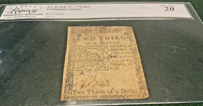 1776  Thread Error February 17 $2/3 Continental CC 22 Fugio 13 Colonies VF 20 - Image 1 of 3