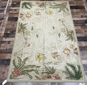 5 X 8 Stunning Floral Tropical Paradise Fish wool Needlepoint area rug NEW - Picture 1 of 10