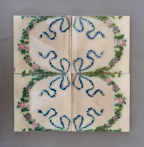 antique orig. majolica floral garland ceramic JAPAN DK tile 4pcs lot 6" - Picture 1 of 7