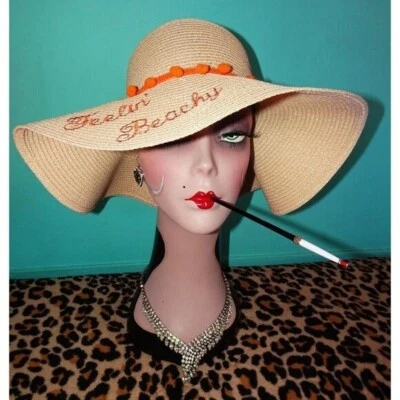 Vintage Feelin' Beachy Ivory Woven Sun Hat with orange pom pom fringe pinup - Image 1 of 4