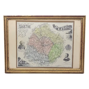 Sarth alte gerahmte Karte Vintage Reproduktion handaquarelliert Yves Ducourtioux - Bild 1 von 12