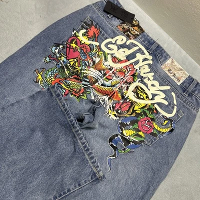 Y2k 2000s Ed Hardy Baggy Jeans Mens 30x32 Hamilton Loose Wide Leg Paint Dragons - Image 1 of 4