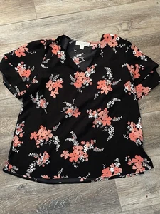 Michael Kors Women’s Large Blouse Shirt Top Black Floral Flutter Sleeve Vneck - Picture 1 of 9