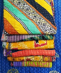 Vintage Kantha Quilt Throw Blanket Cotton Bedspread Bohemian Reversible Bedcover - Picture 1 of 7
