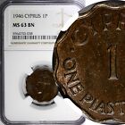 Cyprus George Vi Bronze 1946 1 Piastre Ngc Ms63 Bn Scarce Date Km 23A 038