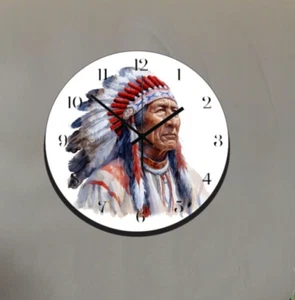 Native American Indian Chief Art Wall Hanging Clock Time Piece With Headdress - Picture 1 of 2