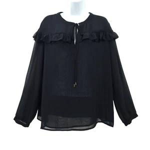 Calvin Klein Blouse Flowy Semi-sheer Size L Navy Blue NWT Ruffle Pullover Top - Picture 1 of 12