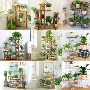 Garden Multi Tier Pine Wood Metal Bamboo Plant Stand Flower Pot Rack Shelf Home - Picture 1 of 137