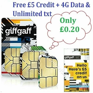 £5 Credit Giffgaff Giff Gaff Nano/Micro/Standard 3in1 SIM - Buy2, get 20p each - Picture 1 of 1