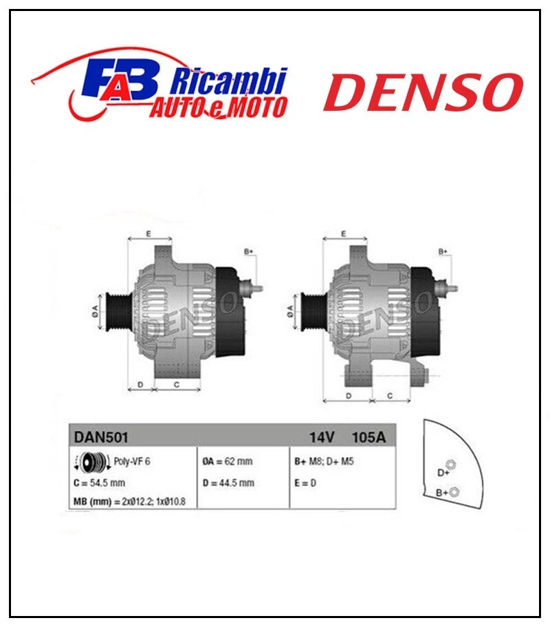 ALTERNATORE ALFA ROMEO 147 - 156 1.9 / 2.4 JTD 14V 105A ORIGINALE DENSO - DAN501 - Immagine 1 di 1