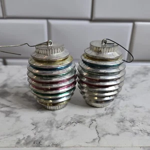 Vintage Bradford Silver Striped Lantern Barrel Christmas Ornaments Set Of 2 - Picture 1 of 4