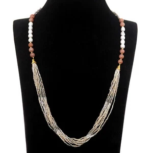 White Pearl & Fancy Color Agate Long-Necklace Silver 925 Sterling - Picture 1 of 5