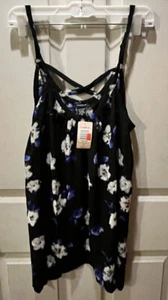 Torrid Top Tank Blk Blue Floral VNeck Thin Strap Cross Back Sz 00 (M/L) New Tags - Picture 1 of 6