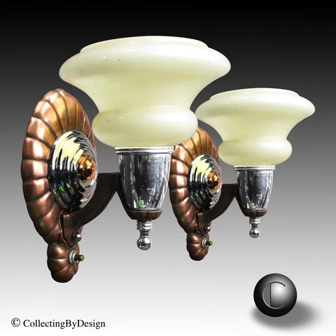 PAIR Art Deco Copper & Chrome Sconces w/Custard Glass Slip Shades c.1935 Cover