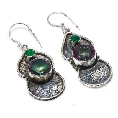 Natural Mystic Rainbow Topaz, Diopside 925 Sterling Silver Earring 2.17" Gift A2 - Image 1 of 4