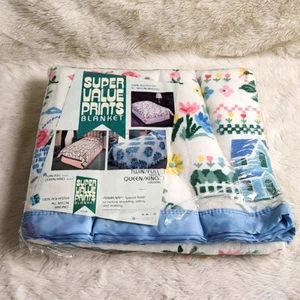 Vintage Floral Blue Satin Trim Blanket Twin Full 72x90 MCM Super Value Prints - Picture 1 of 3