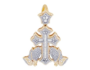 Baguette Cross with Praying Hands n Rosary 1 1/2 CT Real Diamond Pendant 10K... - Picture 1 of 4