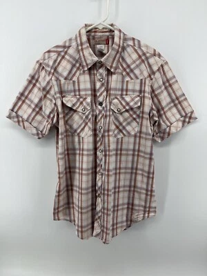 Guess Mens Pearl Snap Casual Shirt Size M Medium Short Sleeve Beige Blue Brown - Image 1 of 4