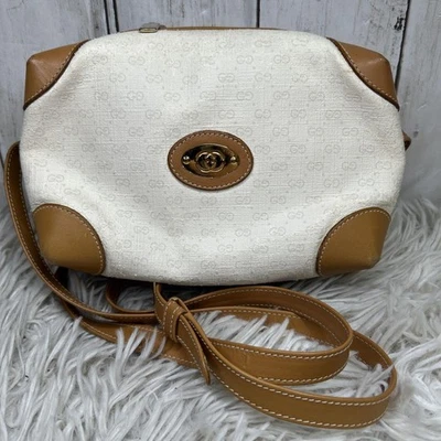 Gucci Vintage Mini Handbag White Brown GG Canvas Small Tote Bag Leather MBc1771 - Image 1 of 4