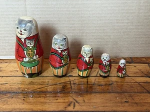 Vintage Katze Russische Nestchen Puppen Matroschka Holz 5er Set - Bild 1 von 15