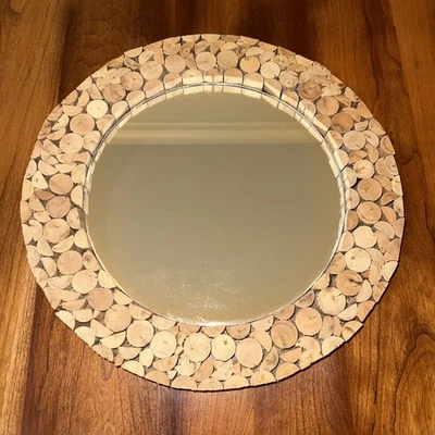 Round Wall Mirror, Teak Wood Framed 12”, EUC Ready To Hang Natural Decor - Image 1 of 4